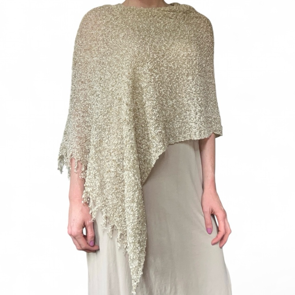 CEJON Y2K Asymmetric Poncho Shawl Textured Knit Fringe Lagenlook Boho Oatmeal OS